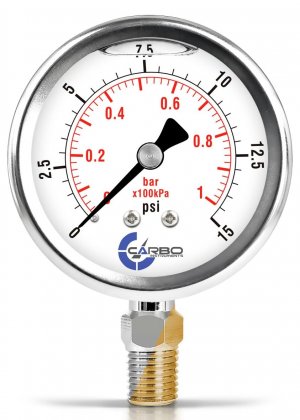 CARBO Instruments Pressure Gauge, 2.5" Dial, 15 PSI