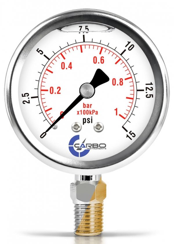 CARBO Instruments Pressure Gauge, 2.5" Dial, 15 PSI