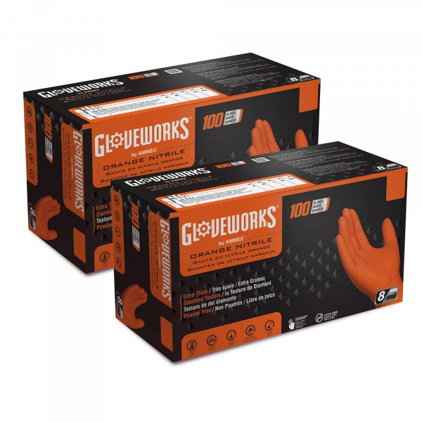 GLOVEWORKS Nitrile Gloves Disposable Orange 8 mil, Large 2 Boxes of 100