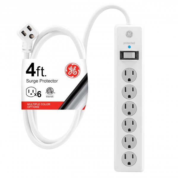 GE Surge Protector Power Strip, 4 Ft Extension Cord, 6 Outlet Extender