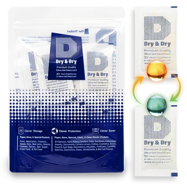 Dry & Dry 10 Gram [30 Packets] Orange Indicating Silica Gel Packets Desiccants Silica Packets - Rechargeable Moisture Absorbers for Food Storage, Electronics, 3D Filament & Safes