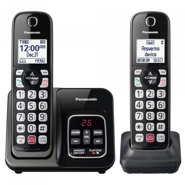 Panasonic Cordless Phone with Answering Machine, Advanced Call Block, Bilingual Caller ID and High-Contrast Display, Expandable System with 2 Handset Cordless Telephones - KX-TGD832M (Metallic Black)