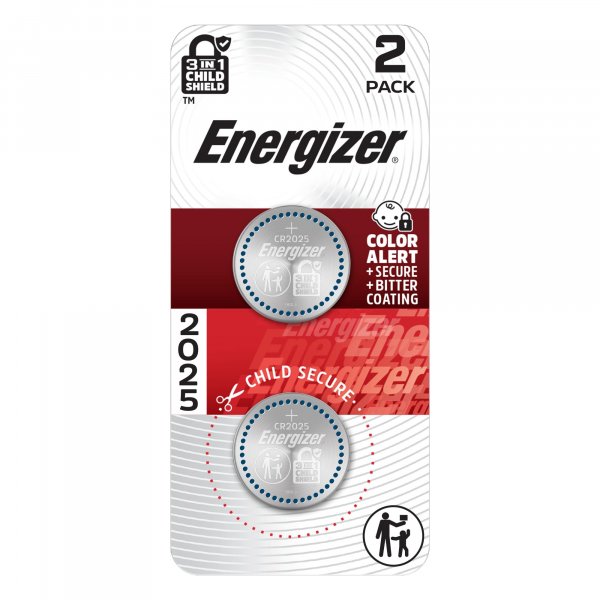 Energizer 2025 Batteries (2 Pack), 3V Lithium Coin Batteries With 3-in-1 Child Shield