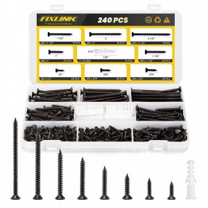 240PCS Wood Screws Assortment Kit, FIXLINK E-Coated Flat Head Screws Set