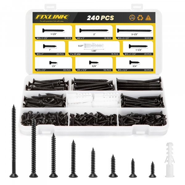 240PCS Wood Screws Assortment Kit, FIXLINK E-Coated Flat Head Screws Set