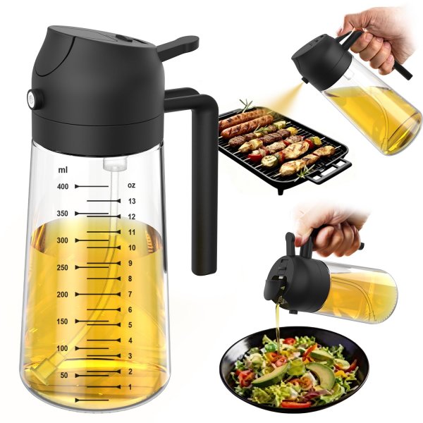 TrendPlain 16oz/470ml Glass Olive Oil Sprayer for Cooking – 2 in 1 Olive Oil Dispenser Bottle for Kitchen Gadgets and Air Fryer Accessories, Salad, BBQ - Black