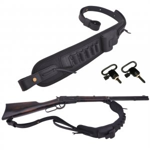 Leather Ammo Holder Rifle Sling Hunting Gun Strap for 30/30 .357 .45 .45-70 .22 12GA 20GA (Black with Swivels, .308 .30-06 .45-70)