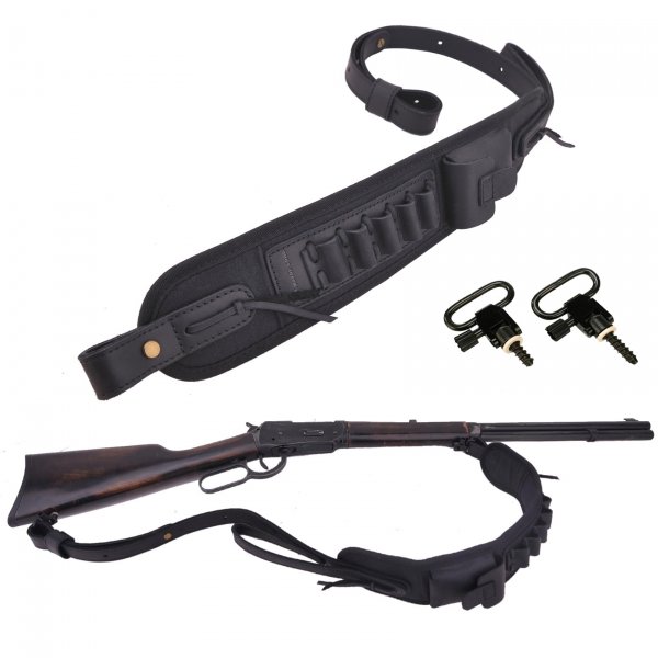 Leather Ammo Holder Rifle Sling Hunting Gun Strap for 30/30 .357 .45 .45-70 .22 12GA 20GA (Black with Swivels, .308 .30-06 .45-70)