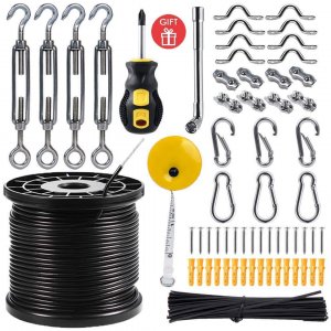 Newleray String Light Hanging Kit,Guide Wire for Outdoor String Lights, Shade sail Hardware kit,with 164 Ft Nylon Coated Stainless Steel 304 Wire Rope