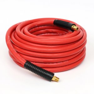 DYNAMIC POWER 3/8" x 50' Rubber Air Hose - 300 PSI - Assembly with 1/4" Male Pipe Thread Fittings & Bend Restictors (Red)