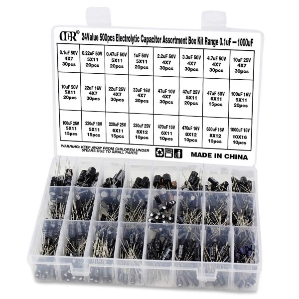 OCR Capacitor Kit, 500Pcs 24 Values Aluminum Electrolytic Capacitor Kit, Range 0.1uF - 1000uF 10V - 50V Assortment Kit for Electronic Repairs on Circuit Boards