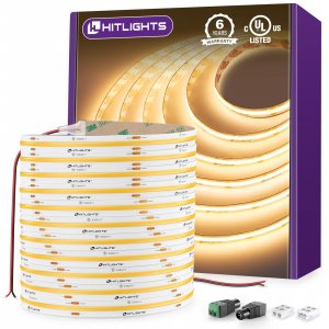 HitLights COB LED Strip Lights Warm White 3000K, 32.8ft Premium High Density 24V Tape Light, 5120 LEDs, 350+ LM/FT, CRI 90+, IP30, Lighting for Kitchen, Cabinets, UL Listed (Power Source Not Included)
