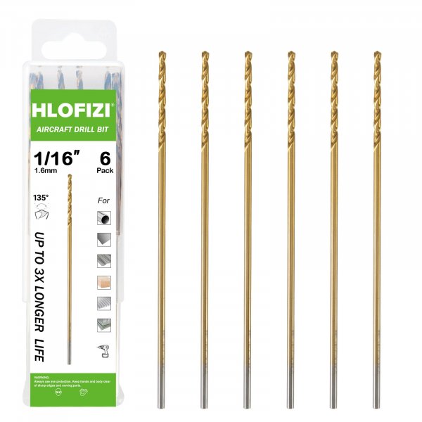 HLOFIZI 1/16 x 6 Inch Extra Long Drill Bits (6 Pack), Aircraft Drill Bit Titanium M2 High Speed Steel for Wood, Plastic, PVC