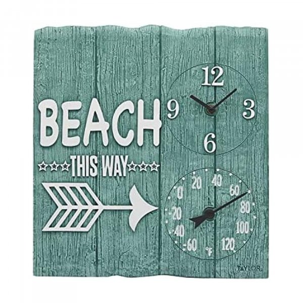 Taylor Precision Prod. 92685T 14" x 14" Beach This Way Clock w/Thermometer