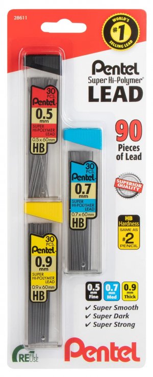 Pentel Super Hi-Polymer Mechanical Pencil Lead Refill - 0.5mm, 0.7mm, 0.9mm - 90 Lead refills (30 of Each Size)