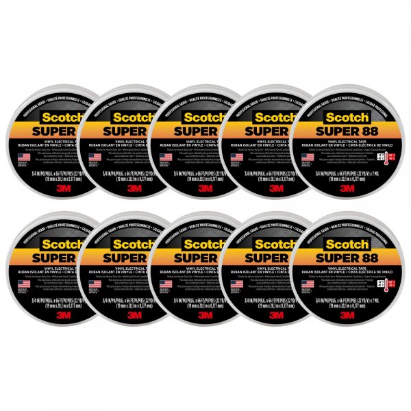 3M Scotch Super 88 Vinyl Electrical Tape, -18 to 105 Degree C, 10000 mV Dielectric Strength, 66' Length x 3/4" Width, Black (Pack of 10)