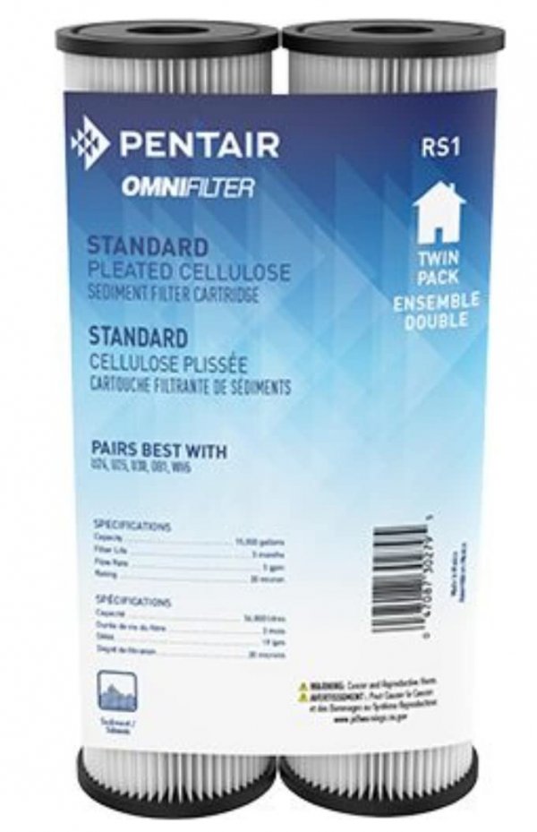 Pentair OMNIFilter RS1 Sediment Water Filter, 10" Standard Whole House Pleated Cellulose Replacement Cartridge, 10" x 2.5", 20 Micron, Pack of 2