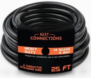 BEST CONNECTIONS 4 Way Trailer Wire (25 Feet) – Heavy Duty 14 Gauge 4 Conductor Insulated Cable – Durable, Weatherproof, Color-Coded 4 Way Trailer Wiring Extension for RV Trailer and Automotive