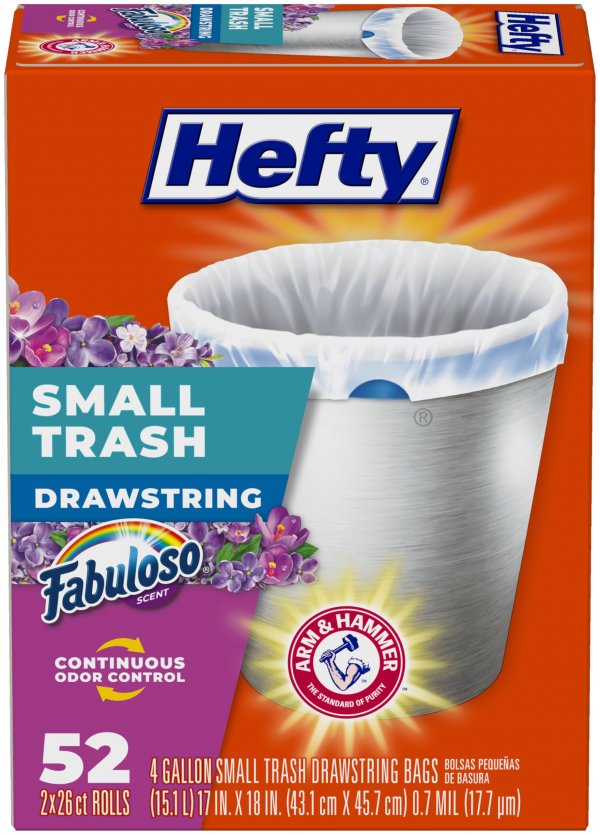 Hefty 4 Gallon Small Trash Bags, White, Fabuloso Lavender Scent, 52ct