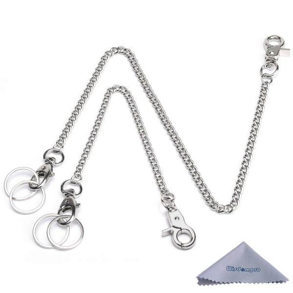 Wisdompro Wallet Chain, 2 Pack (8 and 16 Inch) Heavy Duty Pocket Keychain with Both Ends Lobster Clasps and Extra 2 Rings for Keys, Wallet, Jeans, Pants, Belt Loop, Purse and Handbag - Silver