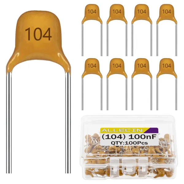 ALLECIN 100nF 0.1uF 104 Ceramic Capacitors 100nF 0.1uF-104 Multilayer Monolithic Capacitor (Pack of 100Pcs)