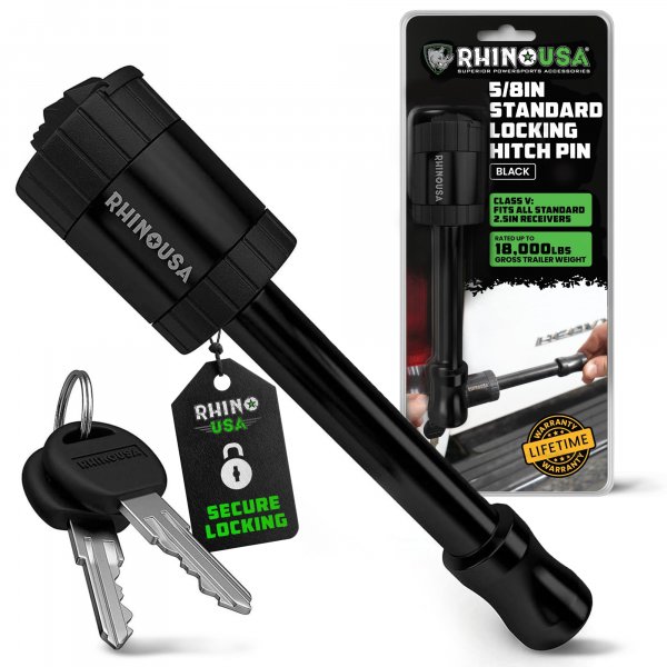 Rhino USA 2.5” Trailer Hitch Pin – Patented 5/8" Locking Receiver Pin for Class V Hitches – Weatherproof, Anti-Theft, Debris-Protected – Tow Truck Ready – Black 1PK