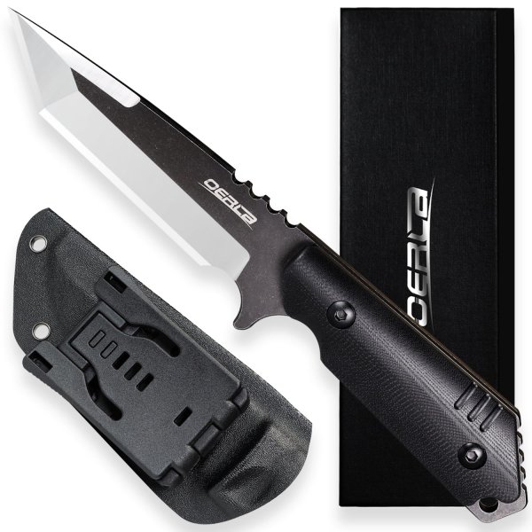 OERLA OLX-004 Tactical Survival Knife with Kydex Sheath, Outdoor Fixed Blade with Belt Clip, 420HC Steel Blade Camping Knife with G10 Handle