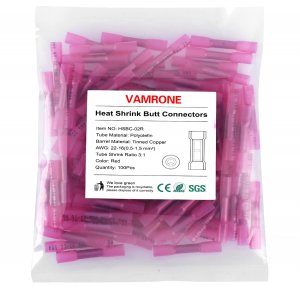 VAMRONE 100PCS Heat Shrink Butt Wire Connectors 22-16 AWG, Insulated Waterproof Electrical Wire Connectors Automotive Marine Grade Wire Crimp Terminals Butt Splices, Ideal for Boat, Truck, Red