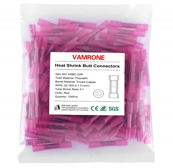 VAMRONE 100PCS Heat Shrink Butt Wire Connectors 22-16 AWG, Insulated Waterproof Electrical Wire Connectors Automotive Marine Grade Wire Crimp Terminals Butt Splices, Ideal for Boat, Truck, Red