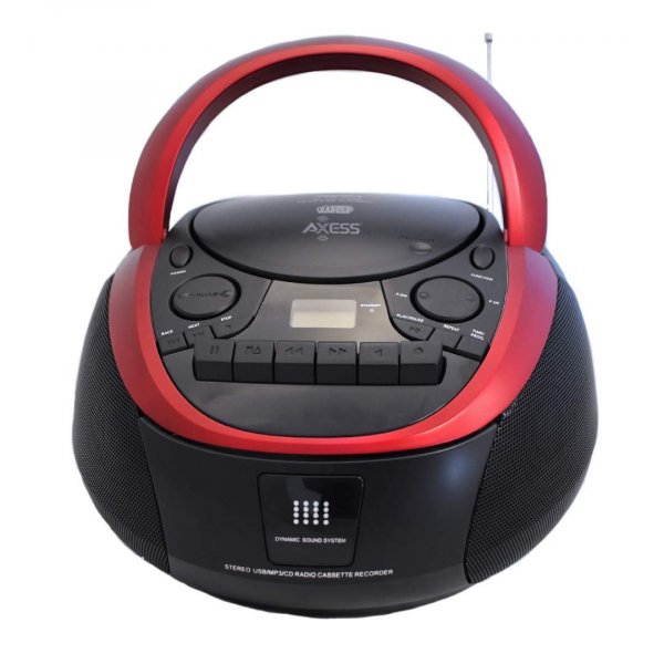 AXESS PB2711RD PORTABLE AM FM CD MP3 CASSETTE USB BOOMBOX RED