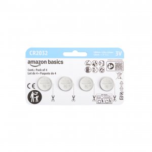Amazon Basics CR2032 3V Lithium Coin Cell Batteries, Child-Proof Package, Non-Coated, AirTag Compatible, 4-Pack