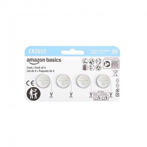Amazon Basics CR2032 3V Lithium Coin Cell Batteries, Child-Proof Package, Non-Coated, AirTag Compatible, 4-Pack