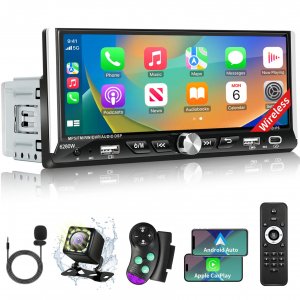 Single Din Radio Car Stereo with Wireless Apple Carplay & Android Auto, 6.9" IPS Touchscreen Car Stereo with Bluetooth 1080P Backup Camera Mirror Link Navigation USB Type-C Fast Charging FM/AM EQ SWC