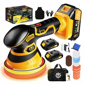 Niusken Cordless Car Buffer Polisher kit [2x 2000mAh 21V Batteries & 18 PCS Attachments] 6-Speed Orbital Design, LED Display, Lightweight Detailing Tool for Waxing, Polishing & Scratch Removal-Yellow
