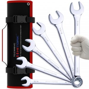 Hitork 6-Piece Large SAE Wrench Set, 12-Point Box End, Drop Forged Chrome-Plated Cr-V Steel, 15° Offset, Polished, Roll Pouch Included – Sizes 15/16” to 1-1/4”