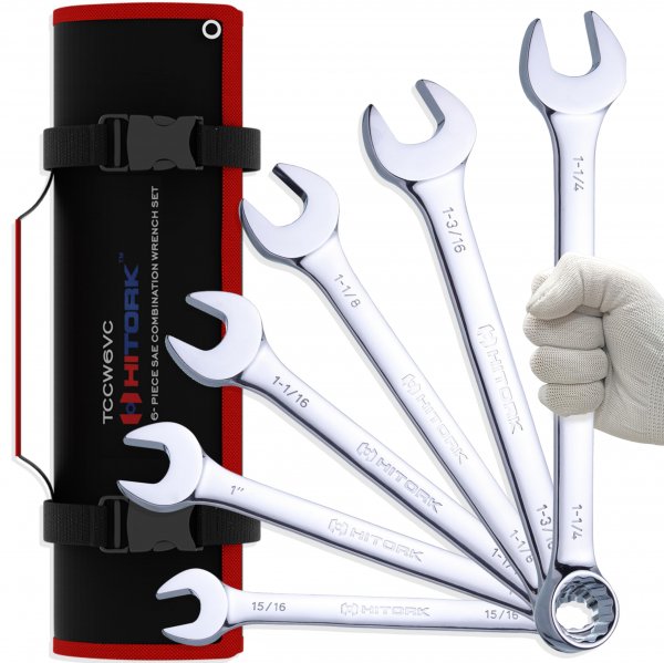 Hitork 6-Piece Large SAE Wrench Set, 12-Point Box End, Drop Forged Chrome-Plated Cr-V Steel, 15° Offset, Polished, Roll Pouch Included – Sizes 15/16” to 1-1/4”