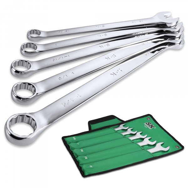SK Long Pattern Combination Wrench Set, SAE 15/16" to 1-1/4", 5-Piece, SuperKrome Finish, Premium CR-V Construction, with Rolling Pouch