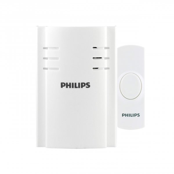 Philips Wireless Doorbell Kit, Plug-In Reciever, 1 Push Button, 2 Melodies, 4 Volume Levels, 150 Ft Range, White, DES2120W/27