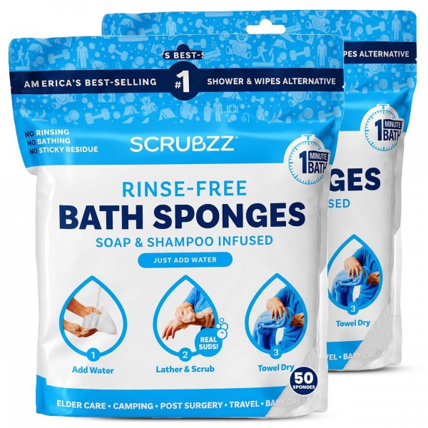 Scrubzz Disposable No Rinse Bathing Wipes - All-in-1 Single Use Shower Wipes, Simply Dampen, Lather, and Dry Without Shampoo or Rinsing (Unscented, 2-Pack)
