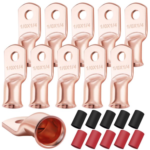 XHF 10PCS 1/0 AWG-1/4 Heavy Duty Battery Cable Lugs Shrink Tubing(UL)