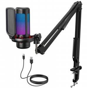 TONOR Gaming Microphone Set with Boom Arm, Vocal Condenser Microphone for Content Creators, USB Mic for PC with Stand, RGB, Tap Mute, Gain Control, Gaming Equipemnt, Twitch, Streaming, TC310+