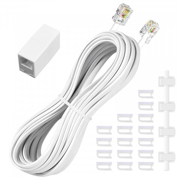 moeverEX Phone Extension Cord 25 Ft, Telephone Cable with Standard RJ11 Plug and 1 in-Line Couplers and 20 Cable Clip Holders, White