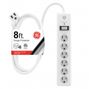 GE Surge Protector Power Strip, 8 Ft Extension Cord, 6 Outlet Extender, 800 Joules, Flat Plug, Twist-to-Close Safety Covers, ETL Listed, White, 67044