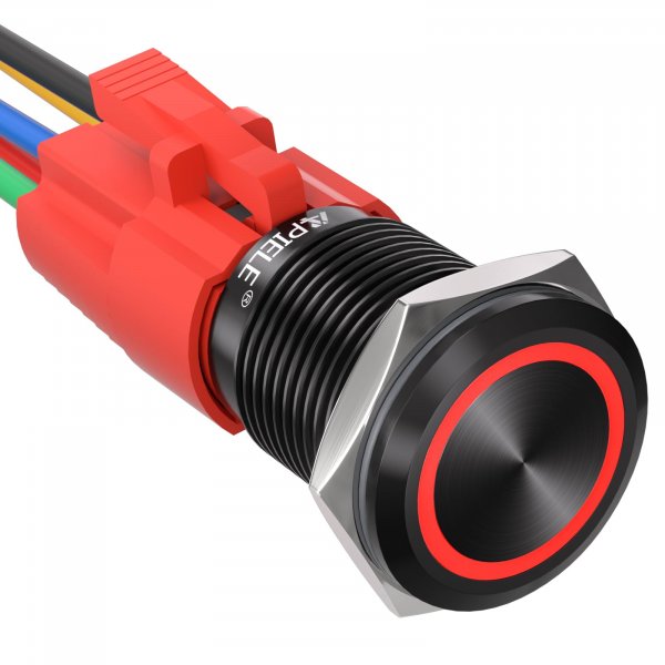 APIELE 16mm Latching Push Button Switch 12V DC On Off Black Shell with LED Angel Eye Head for 0.63" Mounting Hole with Wire Socket Plug Self-Locking (Red/Black Shell)