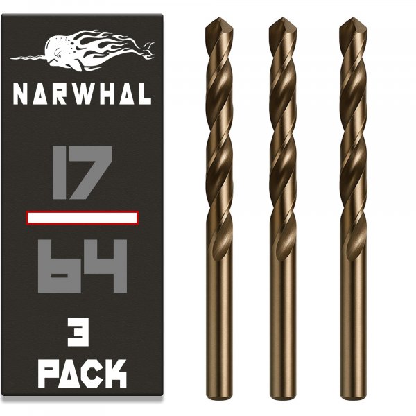 Narwhal 17/64 Inch Cobalt Drill Bits (3 Pack - Industrial Grade M35 Cobalt) 4-1/4" Length & 135 Degree Split Point for Drilling Into Metal, Hardened & Stainless Steel, Cast Iron, & More!