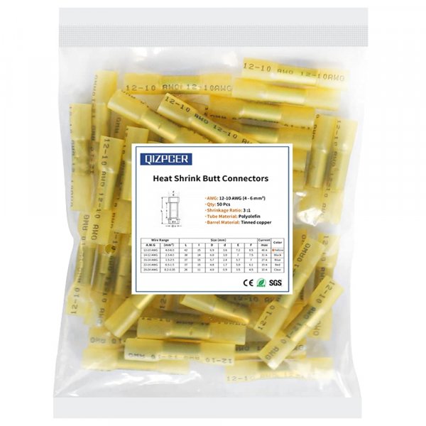 Heat Shrink Butt Connectors, 12-10 AWG 50 Pcs Yellow Waterproof Crimp Terminals Electrical Wire Connectors Splice for Marine, Cable, Wiring
