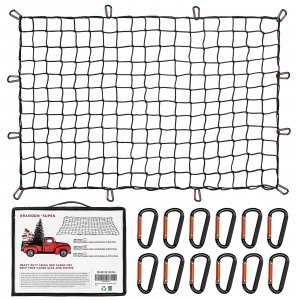Heavy Duty Cargo Net for Pickup Truck Bed - Stretches from 5' x 7' to 15' x 21' - 12 Metal Carabiners - Compatible with Ford, Dodge RAM, Chevy, Toyota - Ideal for (Black, 5X7 Feet)