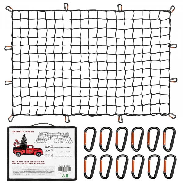 Heavy Duty Cargo Net for Pickup Truck Bed - Stretches from 5' x 7' to 15' x 21' - 12 Metal Carabiners - Compatible with Ford, Dodge RAM, Chevy, Toyota - Ideal for (Black, 5X7 Feet)