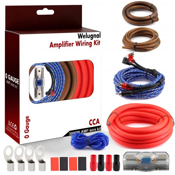 0 Gauge CCA Amplifier Wiring Kit 3000W Complete - Copper Clad Aluminum Car Audio Power Cable with Fuse Holder & RCA | for Subwoofer Amp Install
