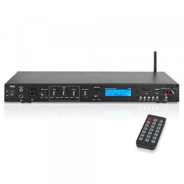 Pyle Rack Mount Studio Pre-Amplifier - Audio Receiver System w/ Digital LCD Display Bluetooth FM Radio Recording Mode Remote Control USB Flash or SD Card Reader Input and Output Jack - PPRE70BT